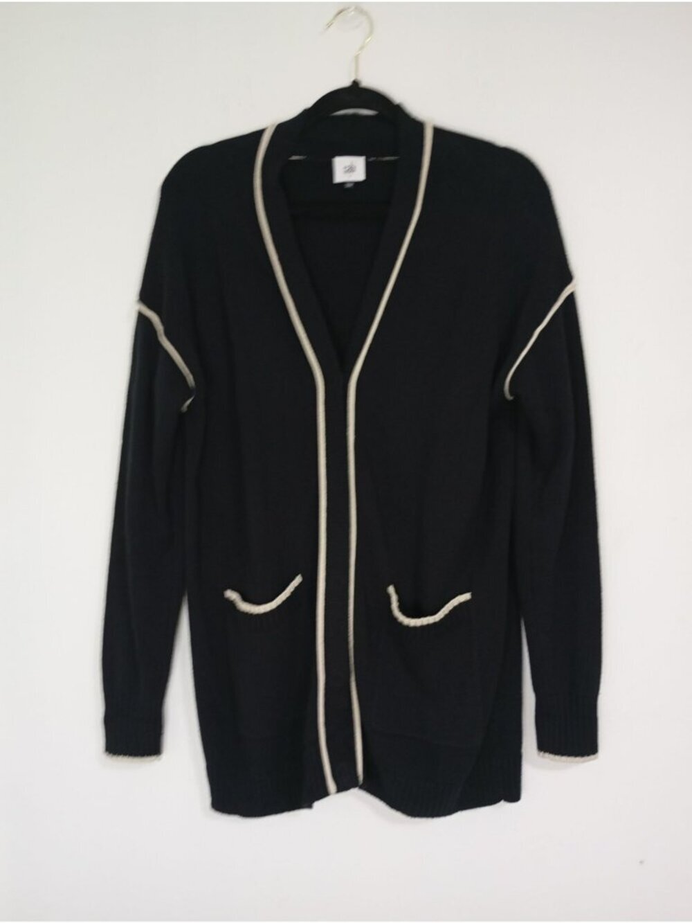 Cabi Black Open-Front Cardigan With Cream Trim & Pockets Womens Small